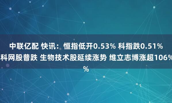 中联亿配 快讯：恒指低开0.53% 科指跌0.51% 科网股普跌 生物技术股延续涨势 维立志博涨超106%
